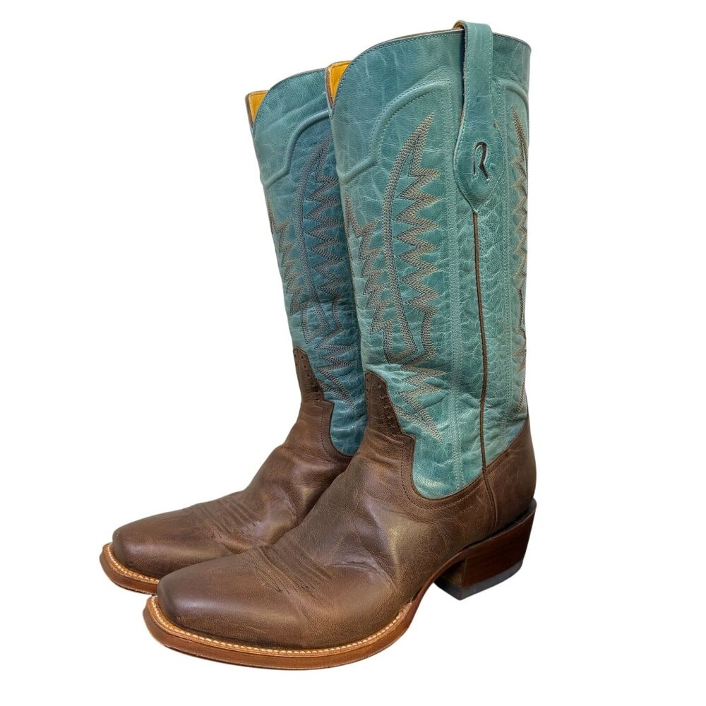 Rod Patrick Western Cowboy Boots Brown Leather & Turquoise Shaft Size 10.5